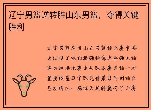 辽宁男篮逆转胜山东男篮，夺得关键胜利