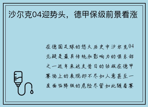 沙尔克04迎势头，德甲保级前景看涨