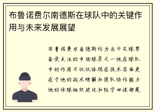 布鲁诺费尔南德斯在球队中的关键作用与未来发展展望